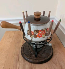 Vintage Porcelain Enamel Fondue Set  Flower Floral Pattern With 8 Sticks