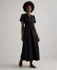 NEW Quince 100% Organic Cotton Poplin Tiered Maxi Dress Black Pockets Size Large