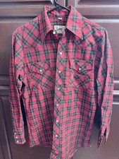 VINTAGE 60s-70s LEE Western Shirt Mens Small Red Tartan Plaid Pearl Snap