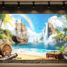 10x8ft Beach Island Backdrop Ocean Seascape Pirate Ship Theme Photo Booth