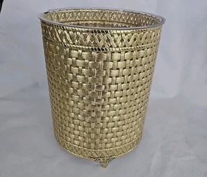 Vtg MCM Retro Hollywood Regency Gold Filigree Waste Basket Trash Can with Liner