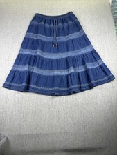 VTG Blair Womens Petite L Tiered Denim Midi Skirt Boho Prairie Embroidered