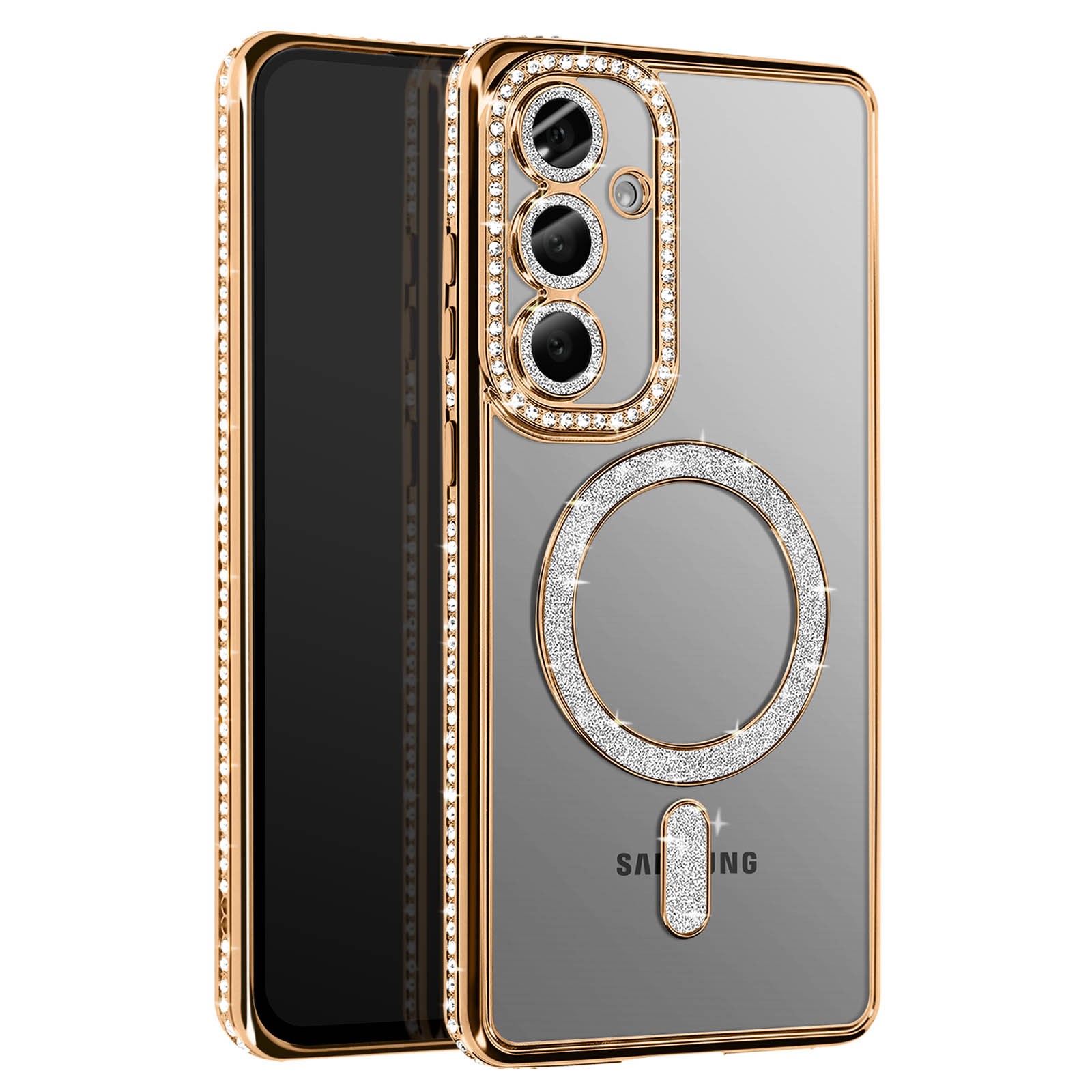 Coque Diamant pour Galaxy S25 Plus Avizar avec contour strass brillant coloris doré