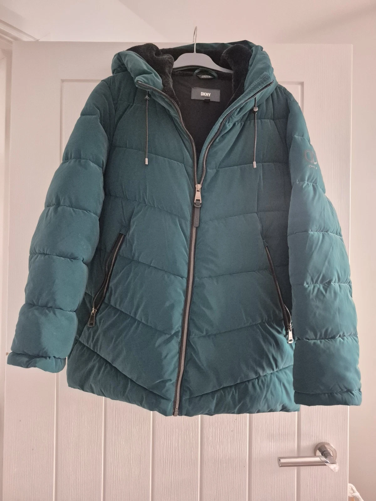 DKNY New York Green Puffer Coat L | Hooded Winter Jacket