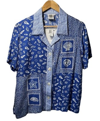Usindo Women s Blue Short Sleeve Tropical Shell Button Shirt & Tank Size Medium