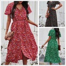 Women's Floral Short Sleeve Maxi Dresses Boho Button Up Split Beach Party Dress