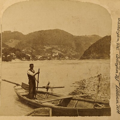 1899 Danube St Nicolai Austria Real Photo Stereoview Card Man Boat Mountain V4