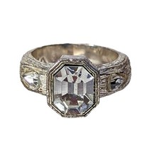 Wood-Grain Style Silver Tone Ring Band Sz 8.5 Crystal Stones Marked W/A Vintage