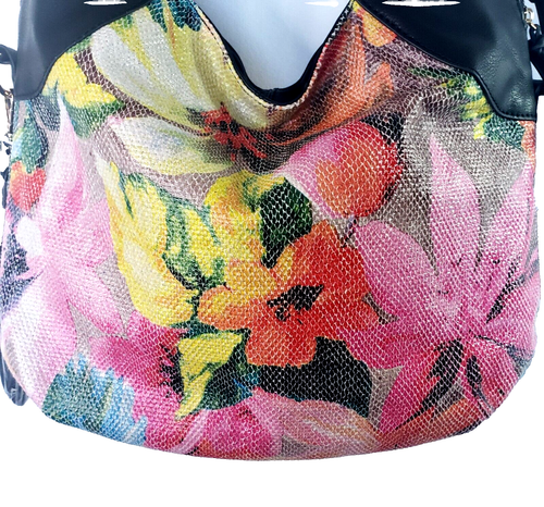 Floral Hobo Shoulder Bag Purse - Black Multicolor Faux Leather Satchel Tote NWT - Picture 4 of 22