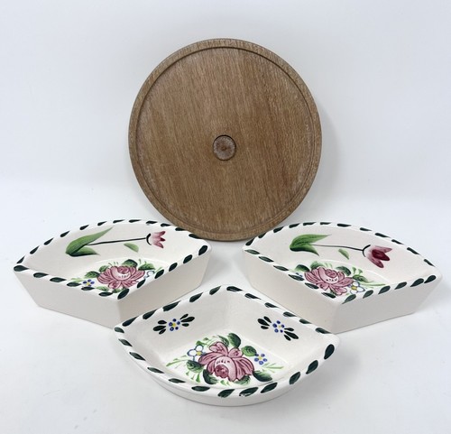 Miniature Ceramic Serving Dishes W Wood Lazy Susan 4 Piece Vintage Cottagecore - Picture 5 of 10