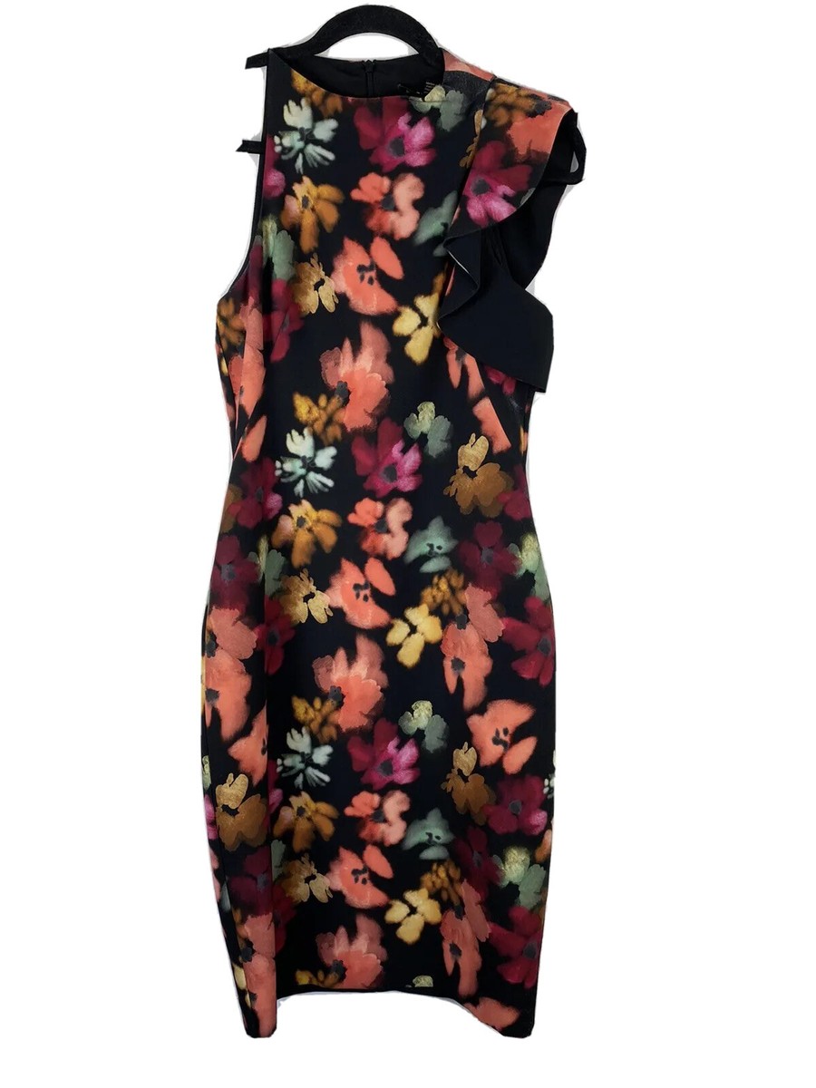 Black Halo Womens Dress Size 2 Floral Ruffle Sleeve Dark Floral Sleeveless