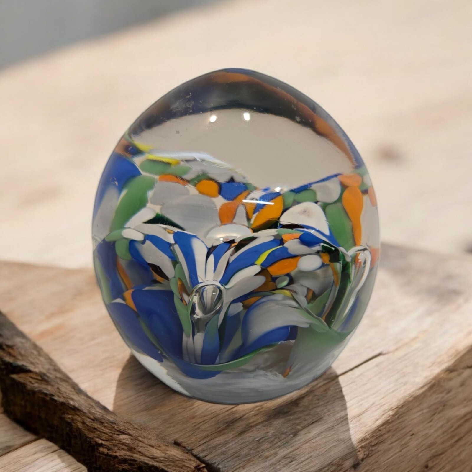 Vintage Multicolored Floral Art Glass Paperweight Hand Blown Office Home Decor