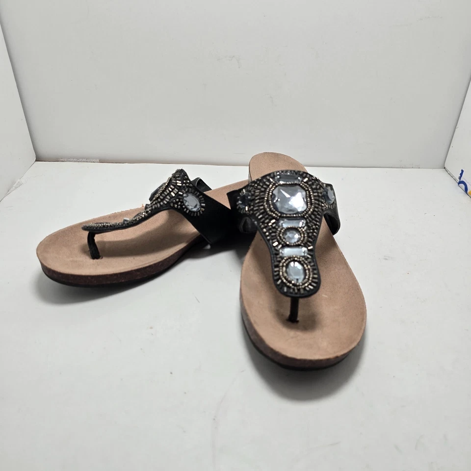 Simply Vera Vera Wang Womens Black Leather Embellished Thong Sandals Size 7 Med - Image 2 of 4