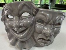Vintage MCM Gray Shawnee Ceramic Comedy Tragedy Theater Masks Planter Kitschy