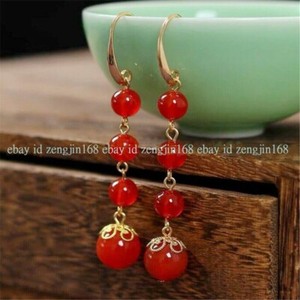 Authentic 6-10mm Red Jade Round Gems Beaded Dangle Gold-plated Hook Earrings