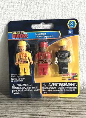 MAKE-IT BLOCKS 3 PC TOY FIREFIGHTERS FIGURE SET 2 IN FIRE RESCUE DEPT PERSONNEL
