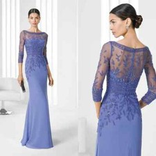 Elegant Mother of The Bride Dresses 3/4 Sleeves Illusion Appliqued Beaded Gowns
