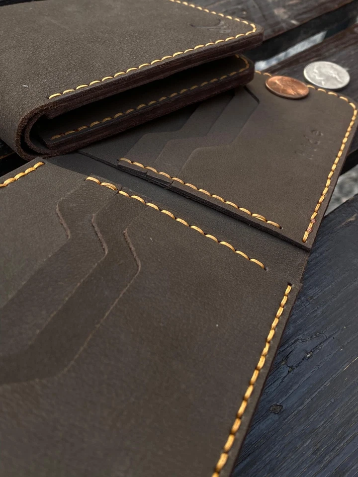 Real Genuine Leather Bifold Wallet Hand Stitched Textured Full Coffee Brown - Image 3 of 4