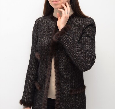 Chanel 03A Mink Fur Tweed Wool Black Brown Metallic Coat Jacket