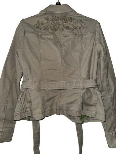 Y2K Tommy Jeans VTG Women Sz M Khaki Denim Logo Button Jacket Floral Embroidered - Picture 7 of 8