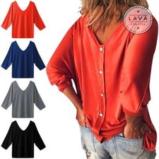 Summer Women's 3/4 Sleeve Back Buttons T Shirts V Neck Solid Top Blouse S-XXL US