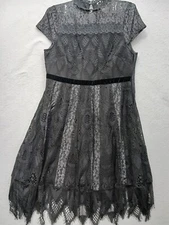 Foxiedox Short Sleeve Mock Neck Dress 6 Gray Lace Fit & Flare Cocktail