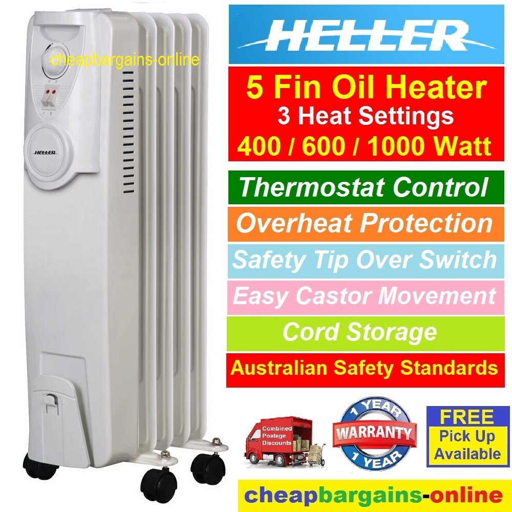 5 FIN ELECTRIC OIL HEATER HELLER PORTABLE 1000W 3 HEAT SETTINGS THERMOSTAT  HEAT | eBay
