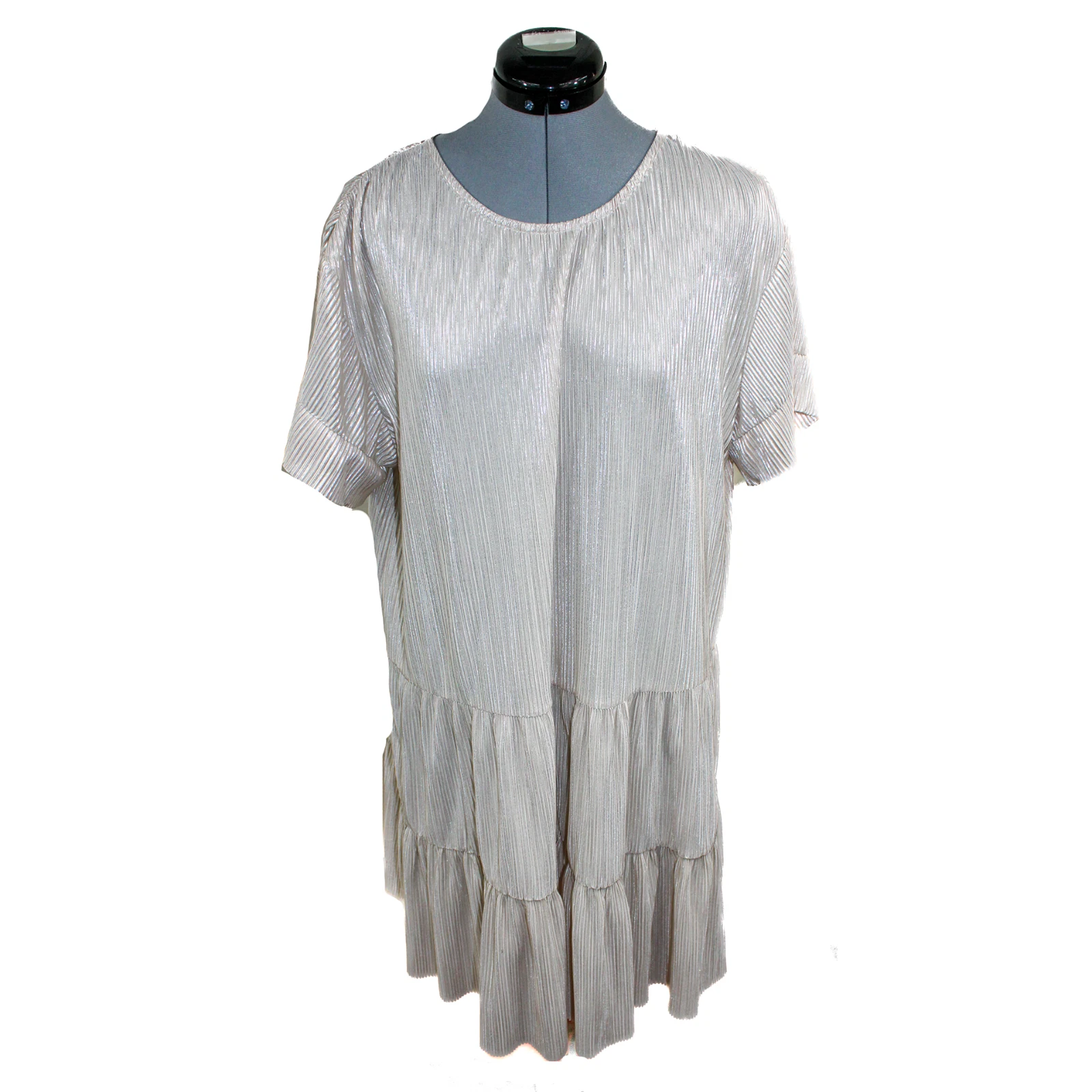 FOREVER NEW SEE AND BE SEE Abito medio champagne oro swing plissettato volant scintillante festa