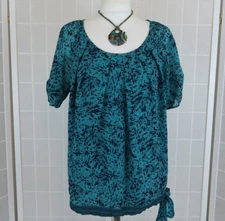 Betty Jackson Black Blouse Size 10 Green Navy Abstract Print Drawstring Hem Ties