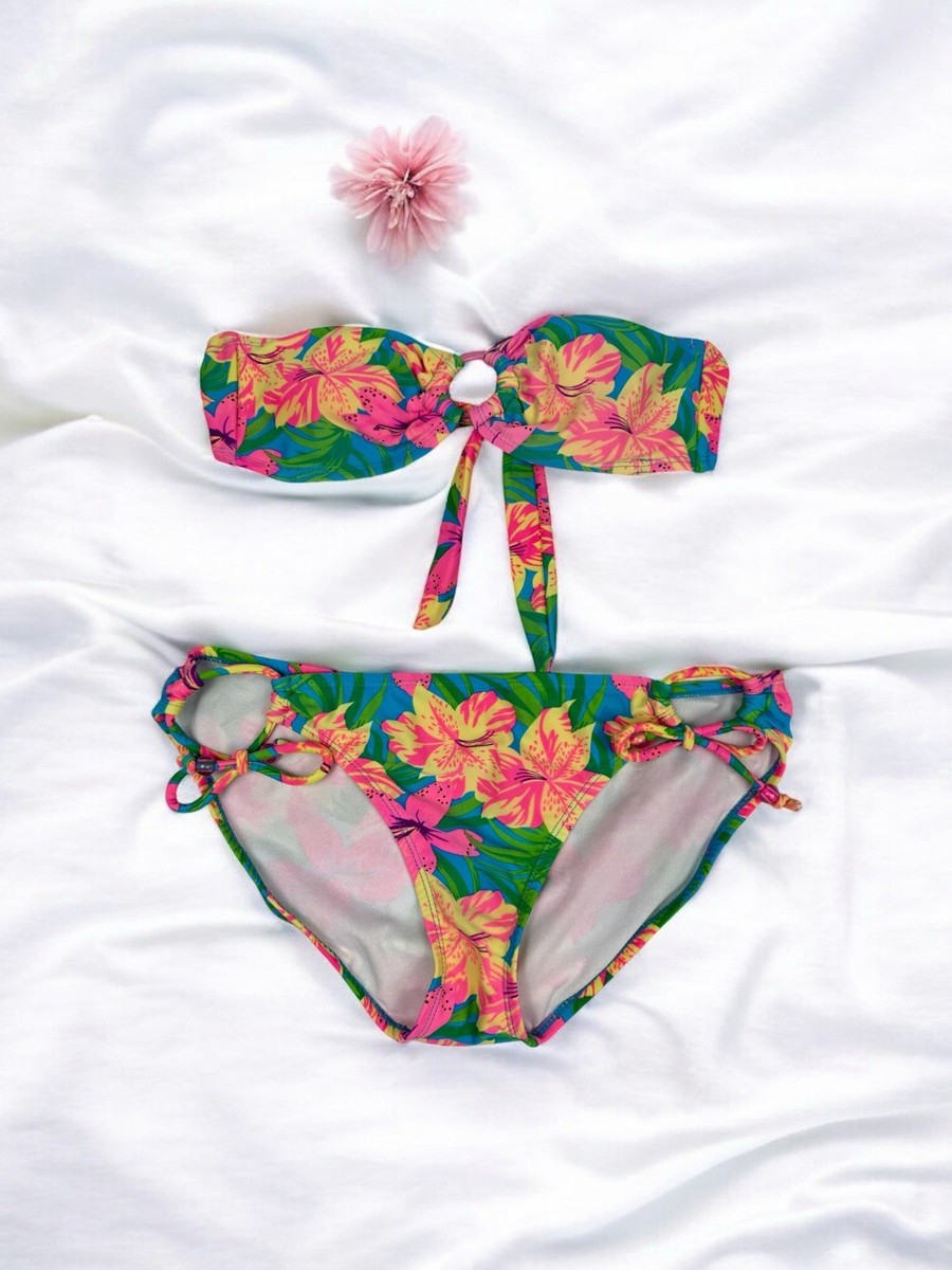 Y2K Strapless Floral Bikini Set Colorful Tropical Island Beach