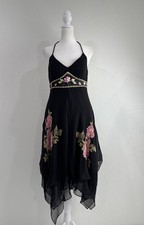 Sue Wong Vtg 100% Silk Y2K Floral Embroidered Dress Asymmetrical Hem Beaded Sz 6