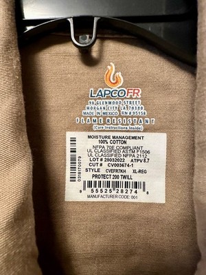 LAPCO FR Coverall XL Reg Khaki Moisture Management Cat 2 Work