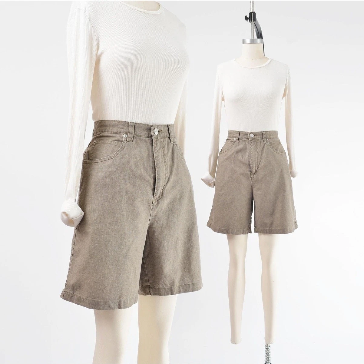 Vintage 90s Taupe Brown Linen Cotton Blend High Waisted Knee Length Shorts M
