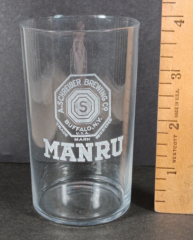 Pre-Pro MANRU Schreiber Brewing Co. Etched Adv. Beer Glass, Buffalo NY, 1910