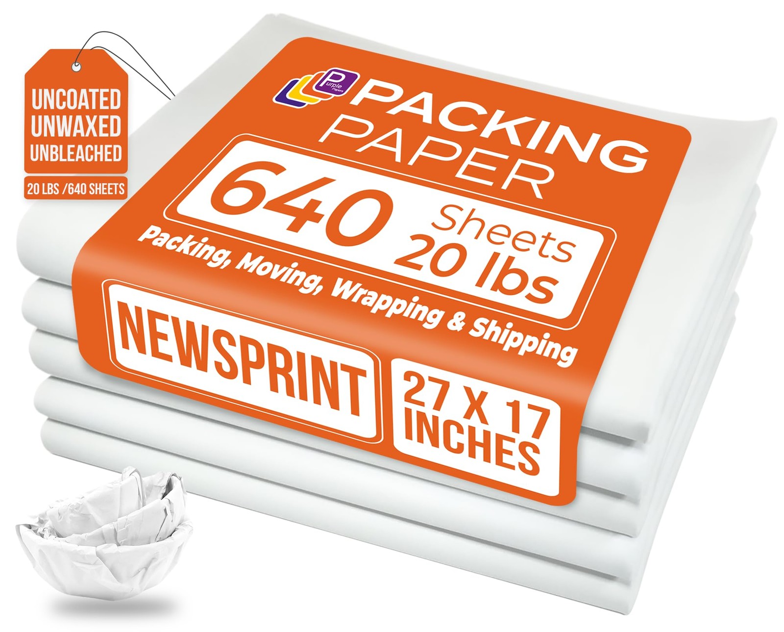White Bulk Packing Paper Sheets for Moving | 640 sheets | 27 x 17 | 20 lb |