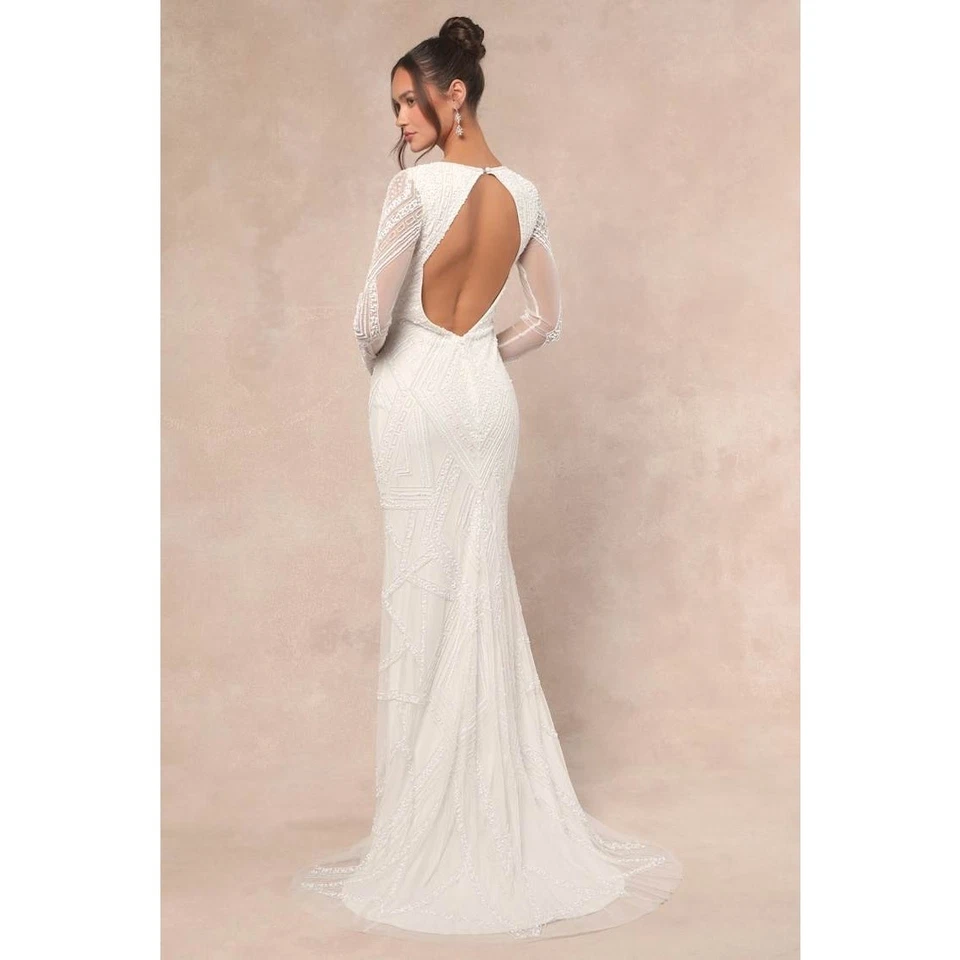Nuevo con etiquetas Maxi Vestido Lulus Deedra Blanco Lentejuelas Cuentas Espalda Sin Espalda Boda Novia S Foto 2 de 4