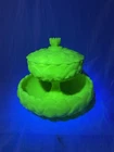 Fenton Custard Satin Uranium Glass Dogwood Blossom Bowl & Covered Compote Set
