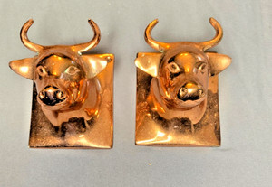 Pair of Vintage Copper Cow Head Kitchen Towel Apron Hanger Wall Mounts-  3.5"x4"