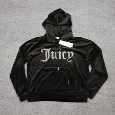 Juicy Couture Hoodie Womens Medium Black Velour Juicy Rhinestone Logo Pullover