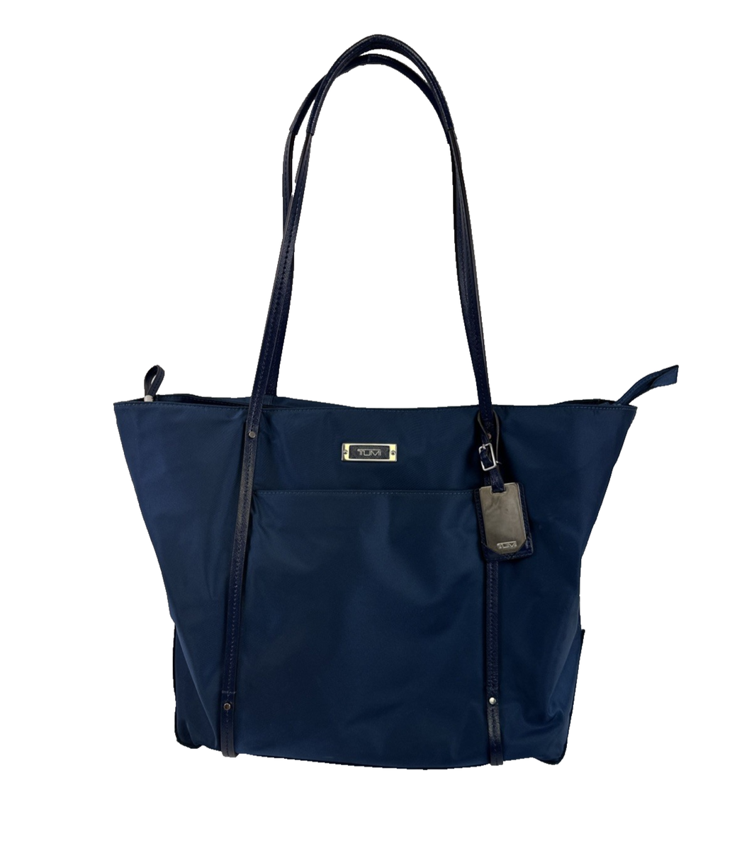 TUMI Voyageur Q Tote Bag Navy Nylon Double Leather Straps Travel