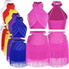 Women's Latin Dance Costume Halter Sleeveless Crop Top Tassels Skirt Ballroom