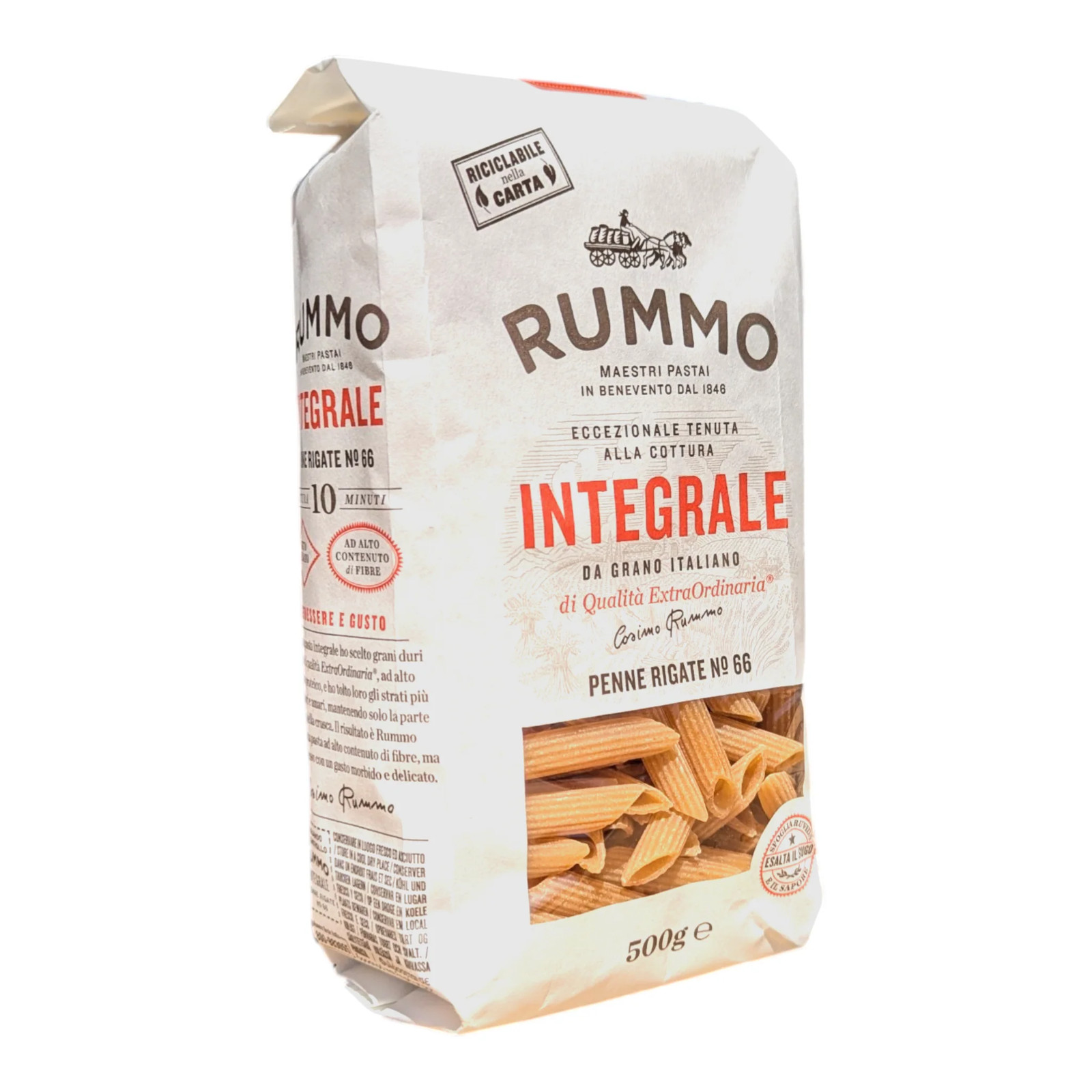 Rummo Pasta Integrale Penne Rigate - Wholewheat Pasta Penne Rigate No.66 - 500g