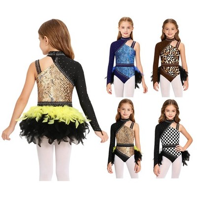 Kids Girls Bodysuit Decor Jumpsuit Rhinestones Leotard Training Asymmetrical