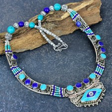 Collar de joyería nepalí hecha a mano de plata de ley 925 de lapislázuli y turquesa
