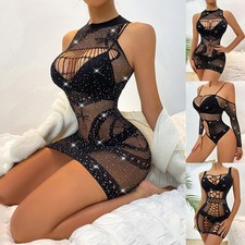Women's Sexy Bodycon Mini Dress Fishnet Hollow Out Sheer Lingerie Party Clubwear