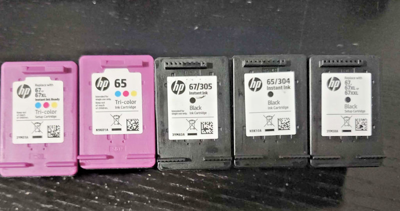 Lot of 5 EMPTY HP 67 VIRGIN print cartridges Black and Color (67/305) & 65