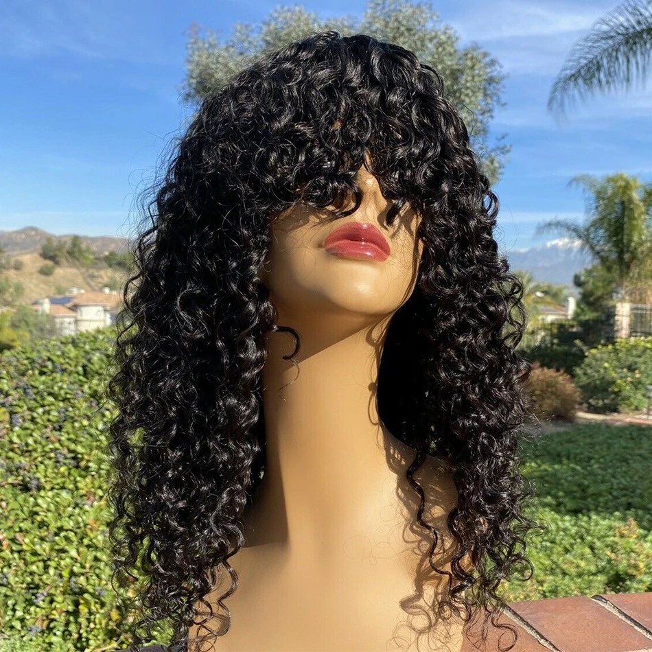 Peluca rizada de agua cuero cabelludo superior completa hecha a máquina pelucas con flequillo cabello humano brasileño Foto 3 de 4