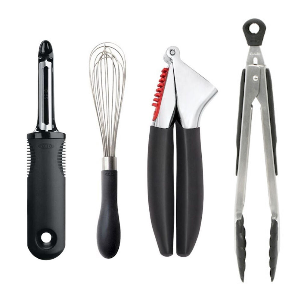 OXO Good Grips 4-Piece Kitchen Tool Set: Whisk, Garlic Press, Tong, Essential Utensils-image