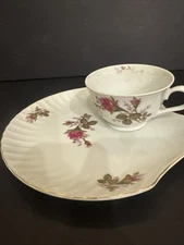 Vintage Lipper & Mann Porcelain Set Of 2 Cup And Snack Trays Moss Rose Japan
