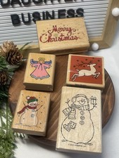 Wood Mounted Rubber Stamp Lot Of 4 Christmas Ornament Snowman Angel